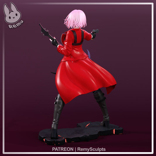 Mori Calliope Hololive resin statue rear view long flowing red coat boots cracked lava base anime figure