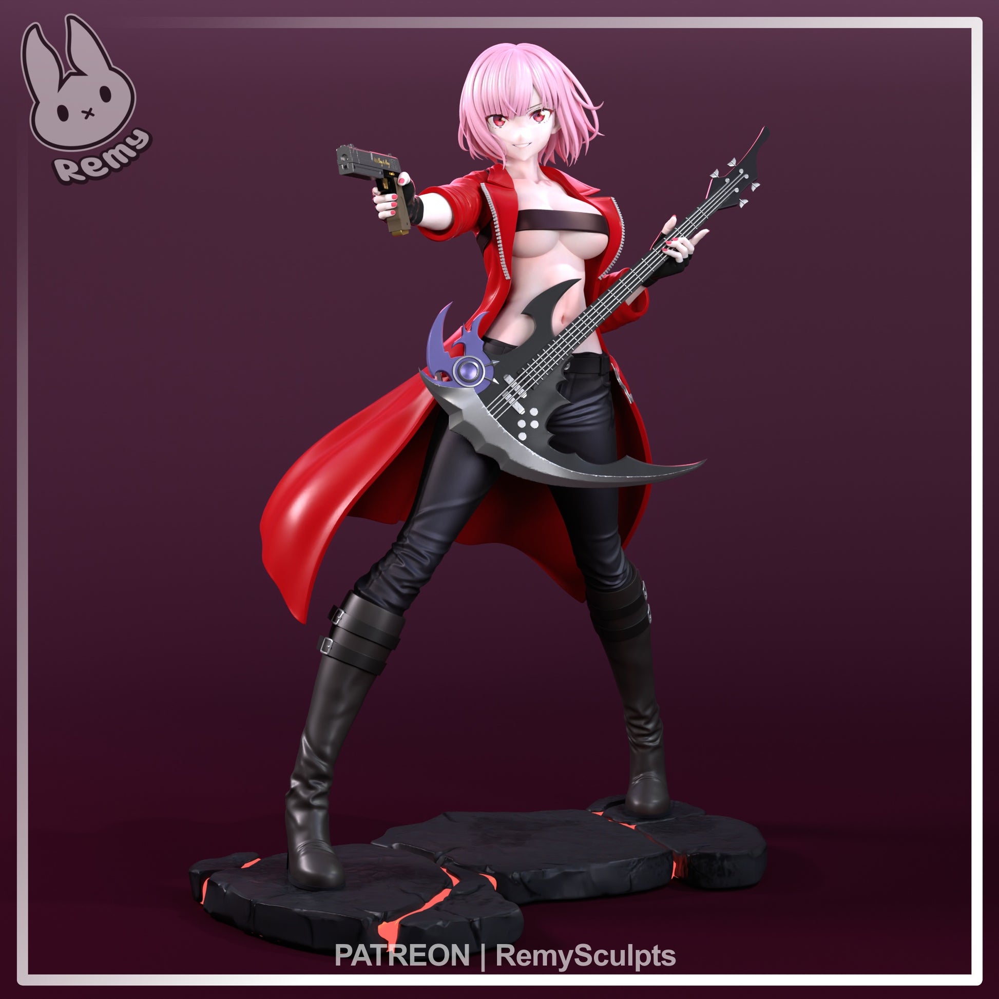 Mori Calliope Hololive 1:7 scale resin statue front view scythe guitar pistol long coat boots anime display collectible