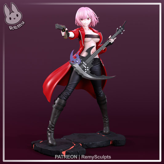 Mori Calliope Hololive 1:7 scale resin statue front view scythe guitar pistol long coat boots anime display collectible