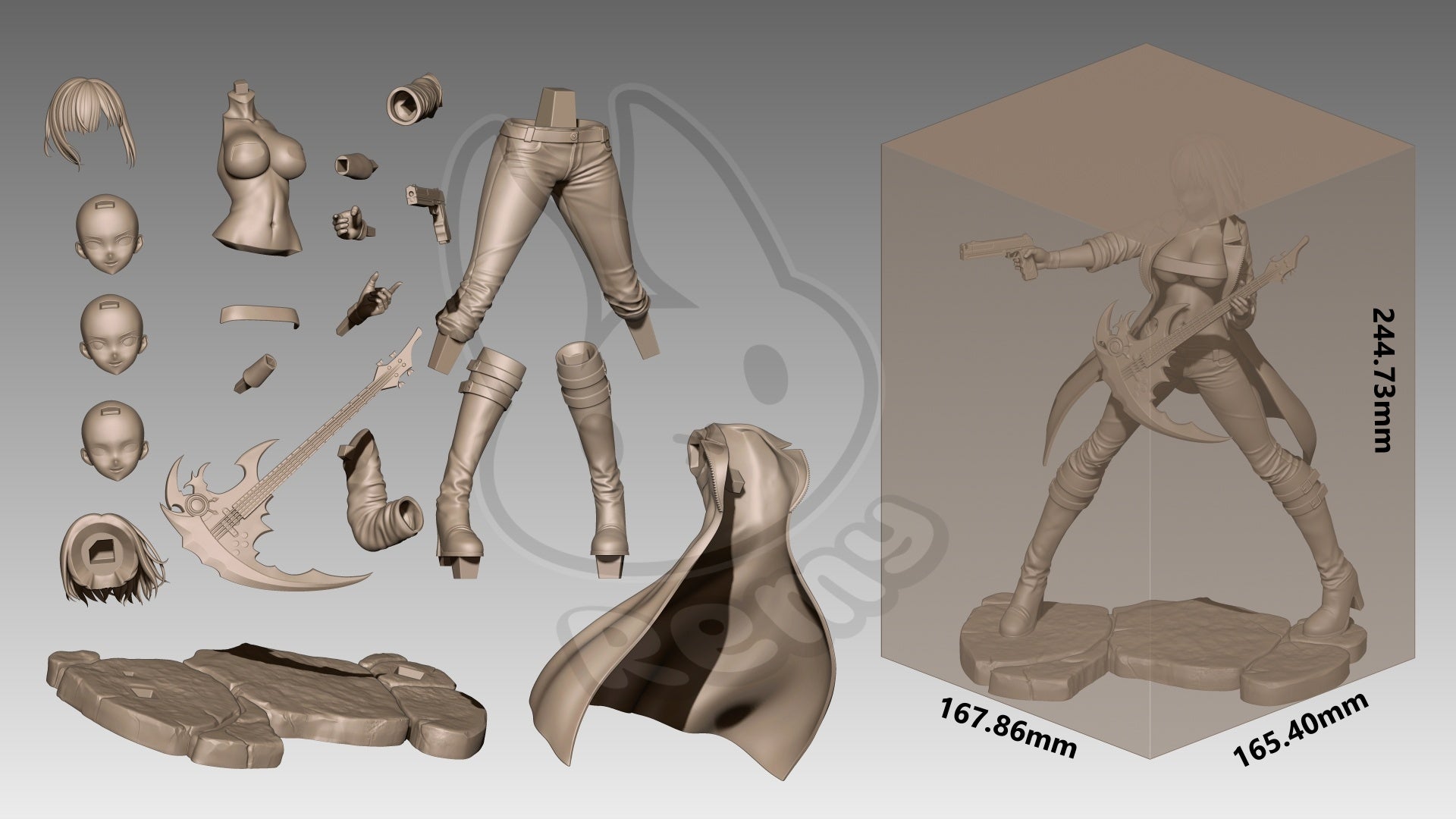 Mori Calliope Hololive resin statue parts layout including alternate heads torso coat legs boots guitar pistol and base components