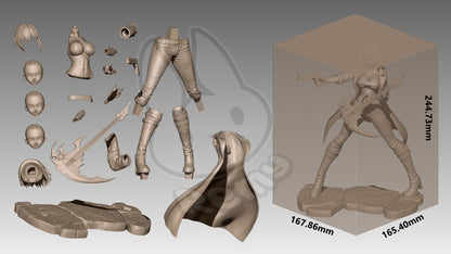 Mori Calliope Hololive resin statue parts layout including alternate heads torso coat legs boots guitar pistol and base components