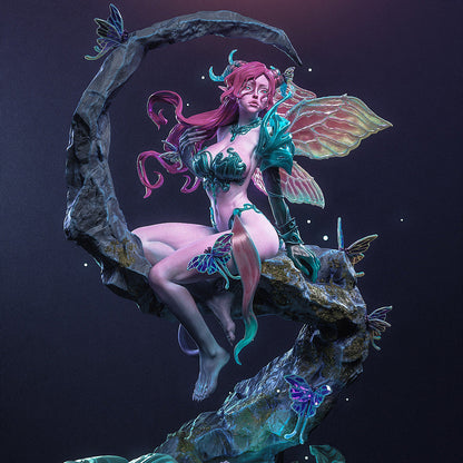 Moth Guardian original Nympha3D 1:6 scale resin statue front view with fantasy moth fairy woman seated on crescent branch base with glowing insect wings and woodland environment