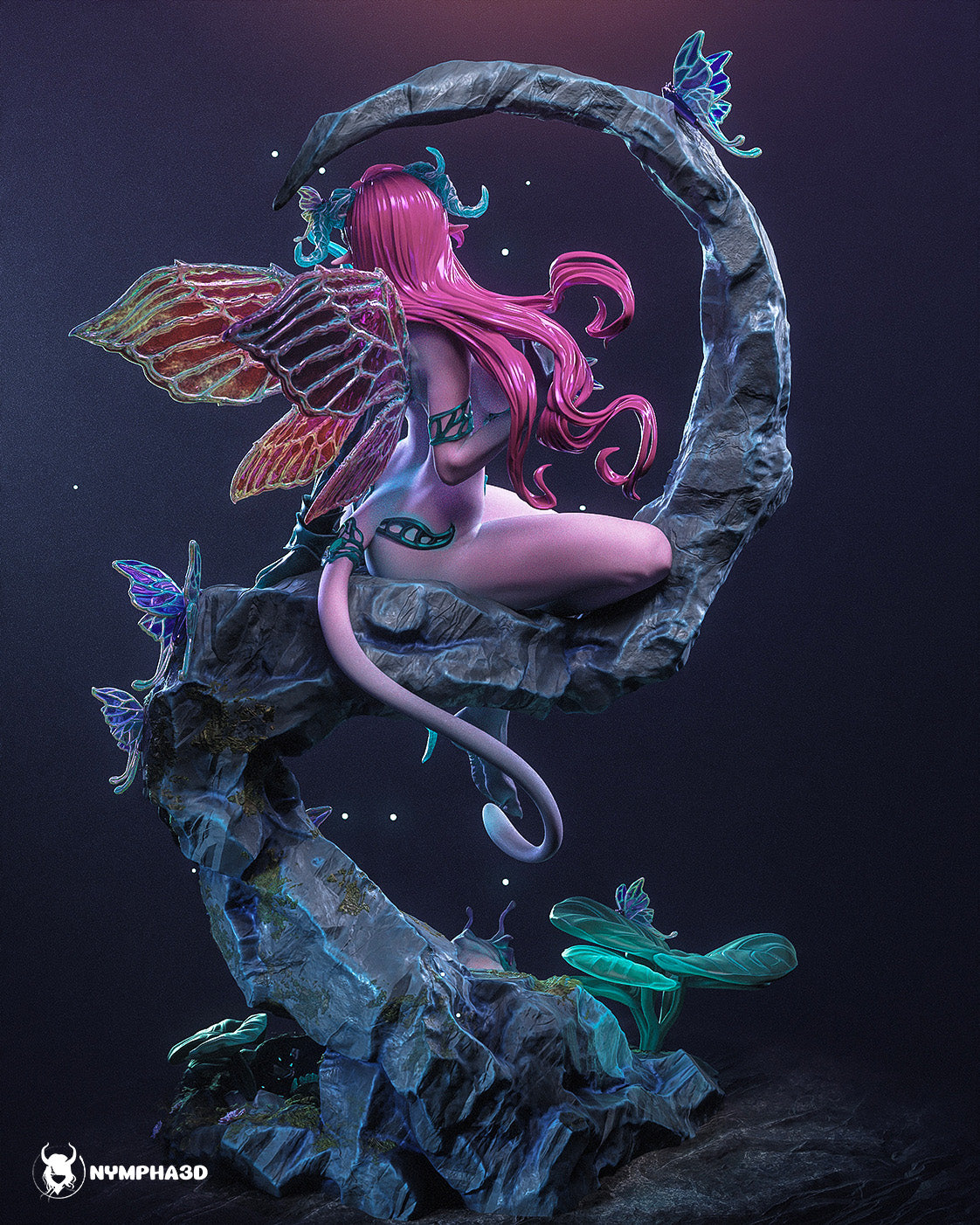Moth Guardian original Nympha3D resin fantasy figure rear view showing flowing hair translucent moth wings curved branch tail and detailed woodland base
