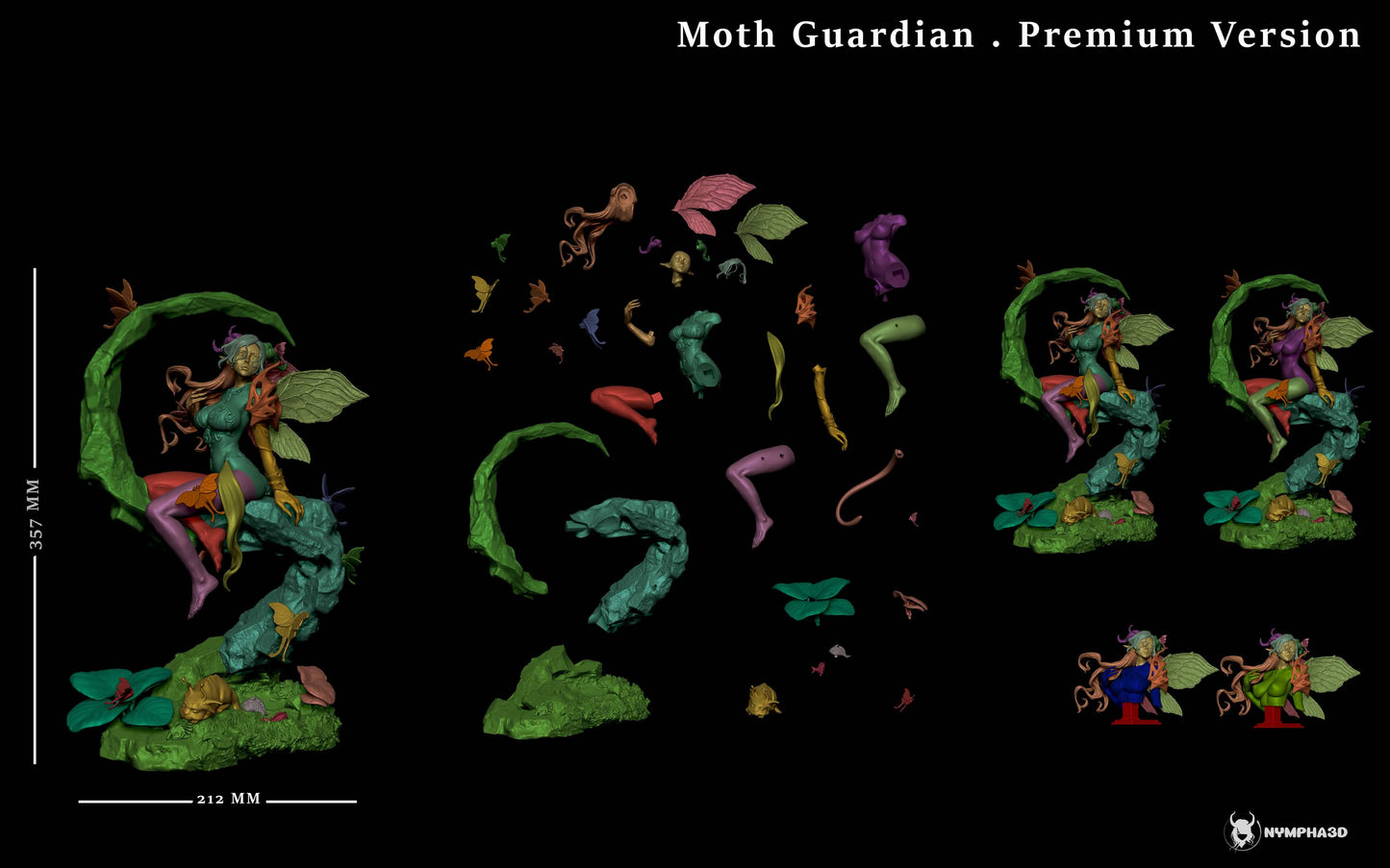 Moth Guardian premium version resin model parts layout with interchangeable body options bust variants wings branch base and fantasy creature accessories