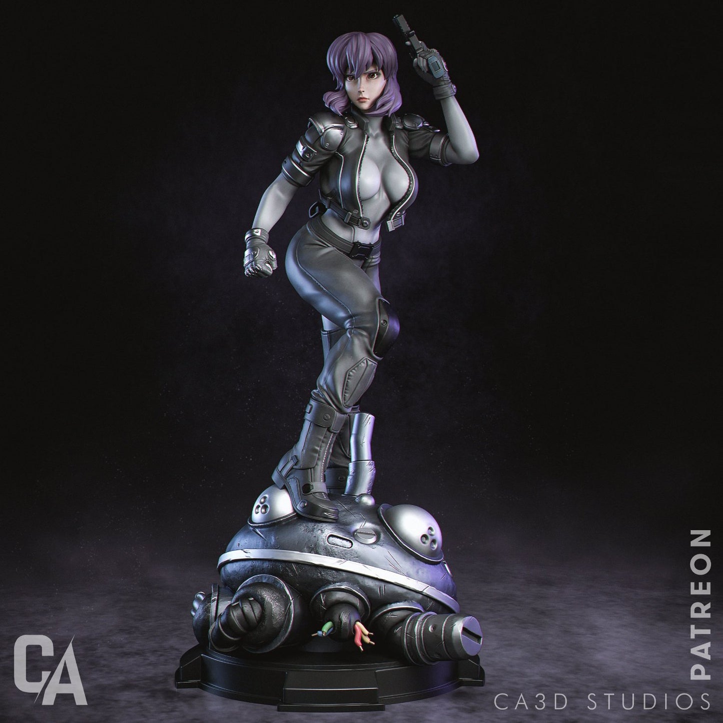 Full-body figurine of Motoko Kusanagi standing on a robot head, holding a gun in a dynamic pose.