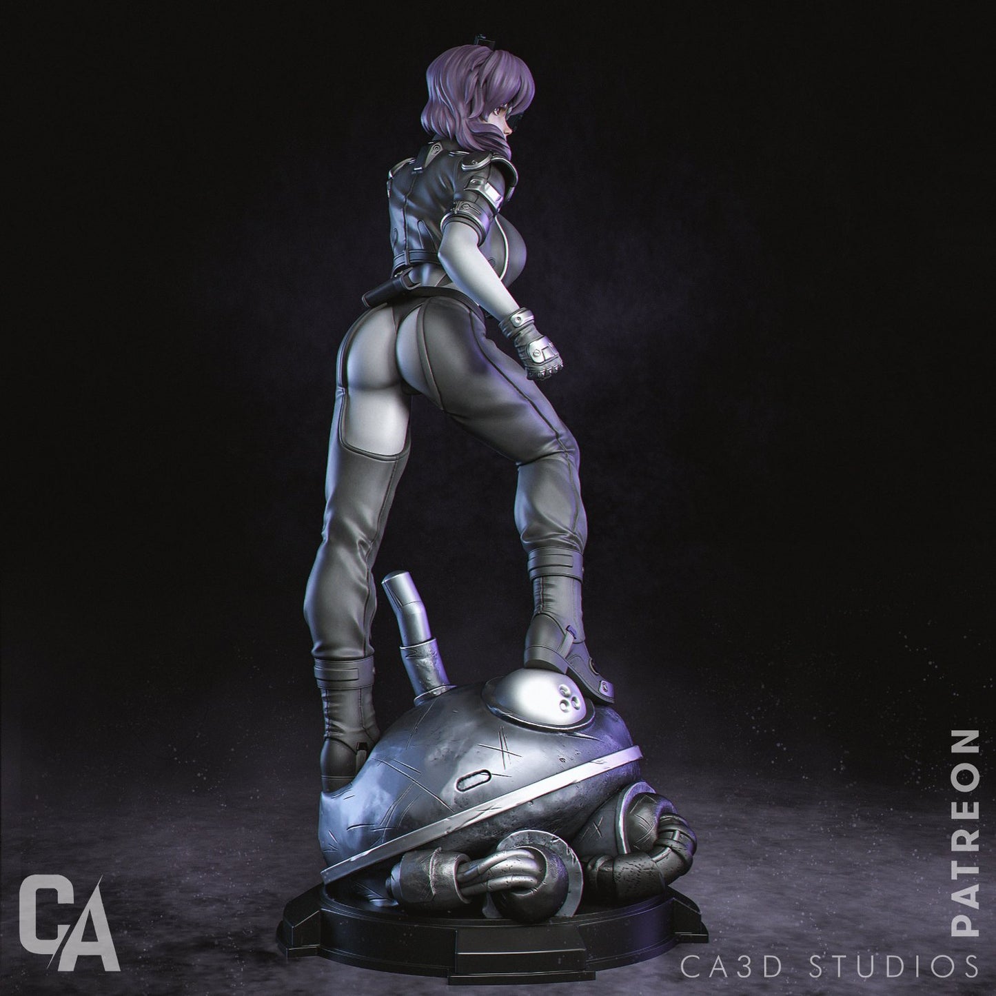 Back view of Motoko Kusanagi figurine in a full tactical outfit, standing on a robot head.