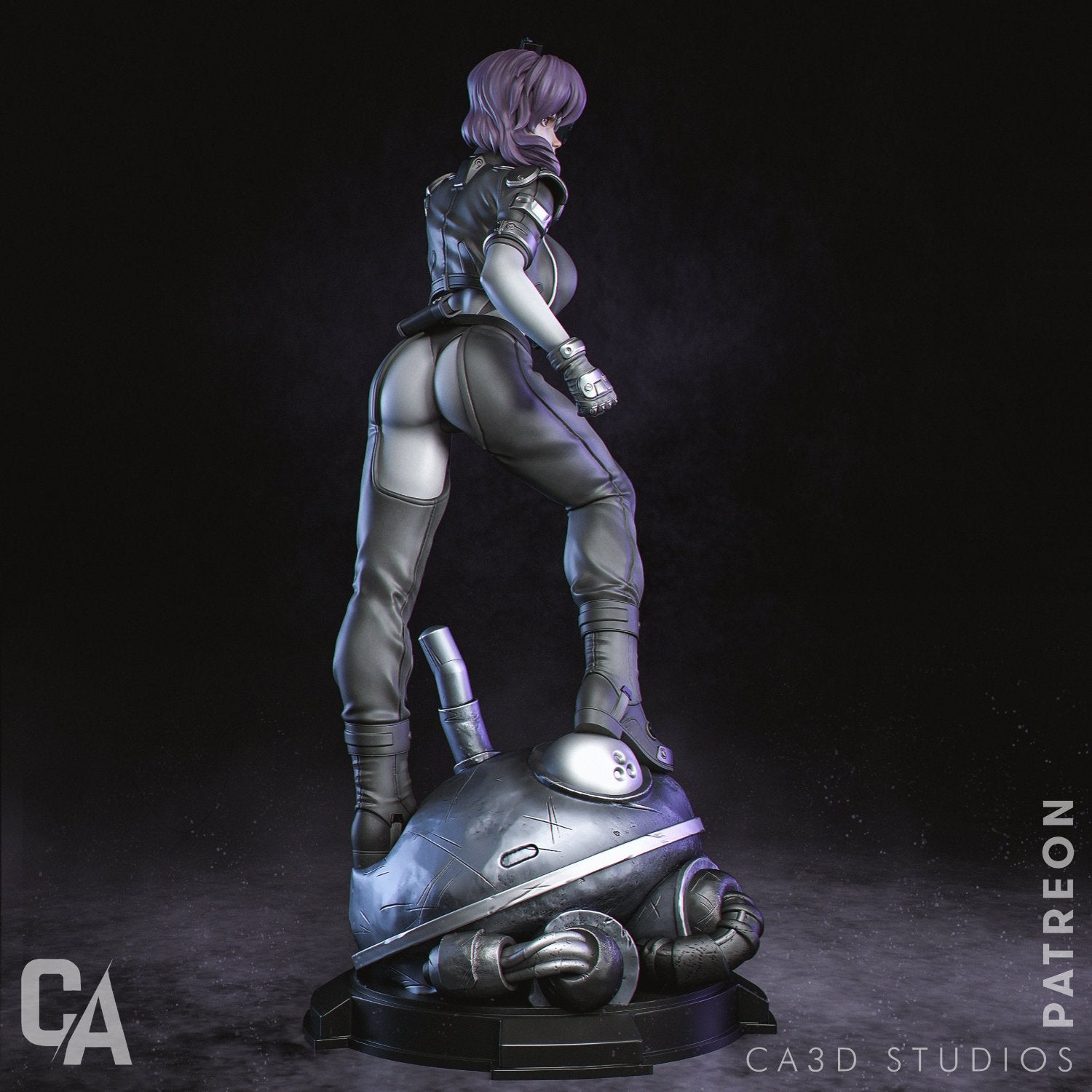 Back view of Motoko Kusanagi figurine in a full tactical outfit, standing on a robot head.