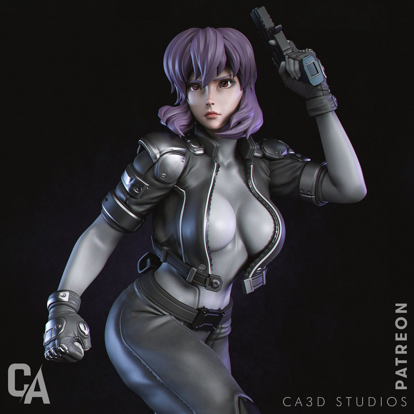 Close-up of Motoko Kusanagi's face and upper body, highlighting her tactical suit and gun in hand.