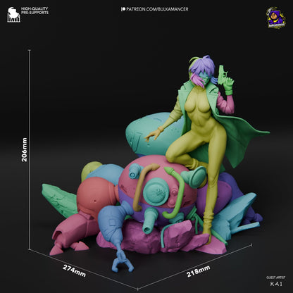 Dimensions view of Motoko Kusanagi figurine, highlighting the figure’s height and the detailed Tachikoma base.