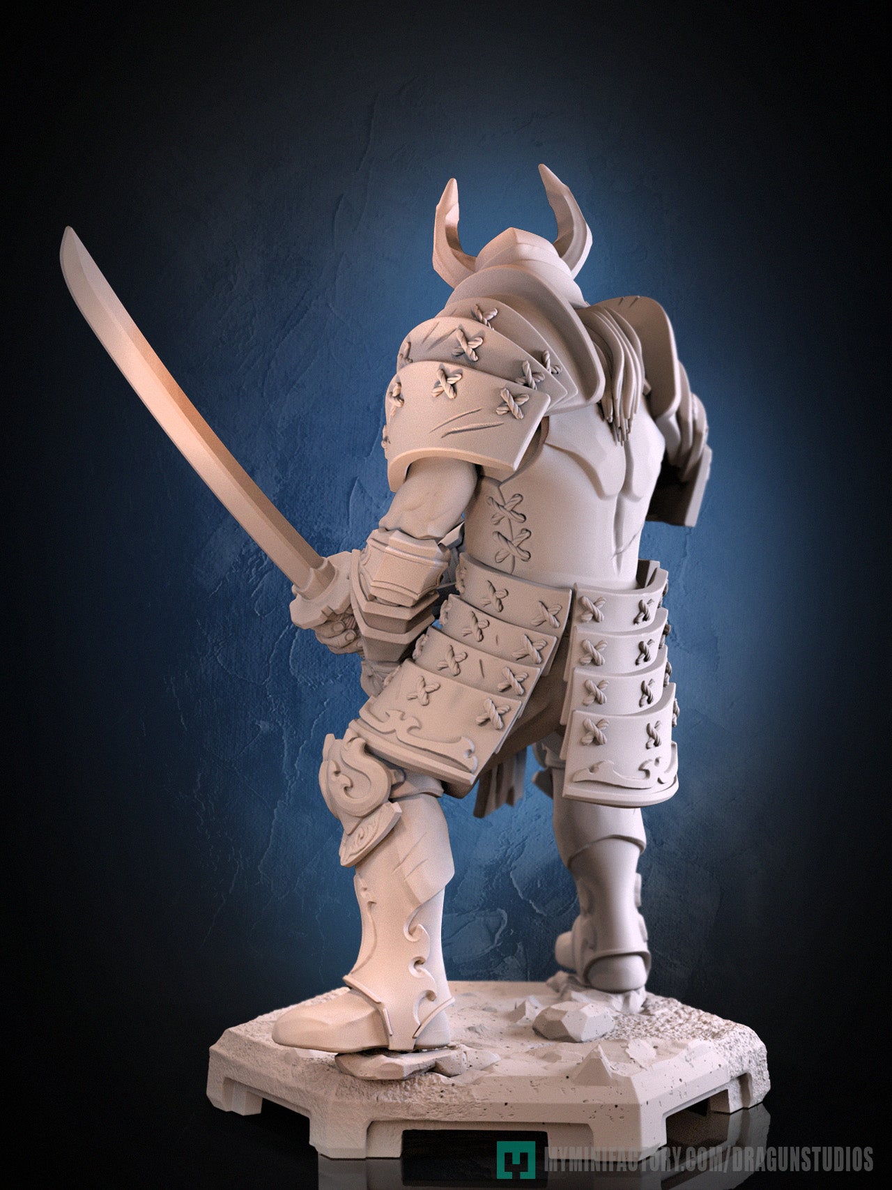 Muramasa human samurai miniature rear view armored plates horned helmet katana drawn tabletop RPG character model