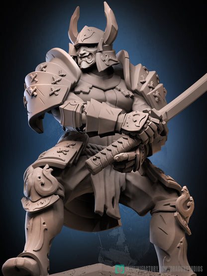 Muramasa human samurai miniature front view holding katana in guarded stance layered lamellar armor tabletop RPG miniature