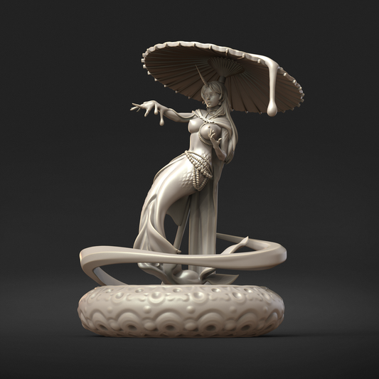 Naia naiad water spirit resin tabletop miniature floating female elemental with parasol flowing robes swirling water magic fantasy Dungeons and Dragons miniature