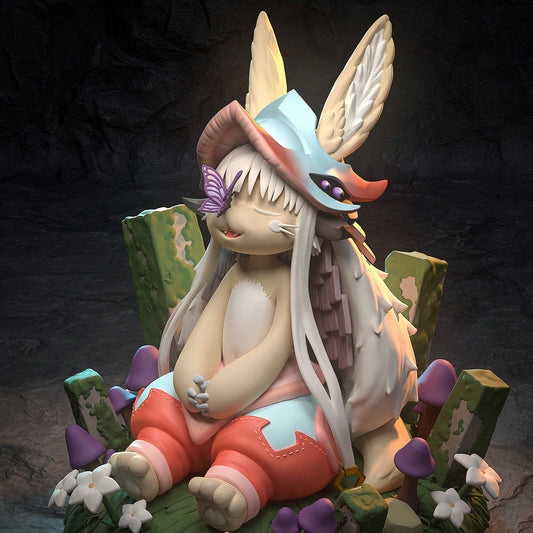 Nanachi Made in the Abyss 1:8 scale painted figure front view, seated hollow character with oversized hat, long ears, butterfly detail, grassy mushroom base
