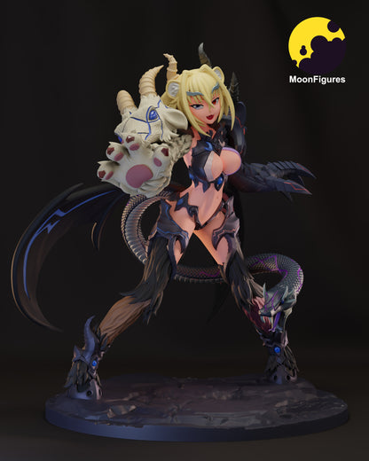 Chimera figure assembled and painted display showing dragon wings, horned head, beast gauntlet, serpent tail, armored legs, and rocky base in dynamic combat stance.