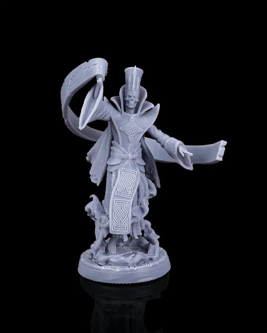 Lich miniature front view from Beldrad's Bag of Beasts showing skeletal face, flowing robes, raised arcane focus, and commanding spellcasting stance, undead lich boss for Dungeons & Dragons encounters