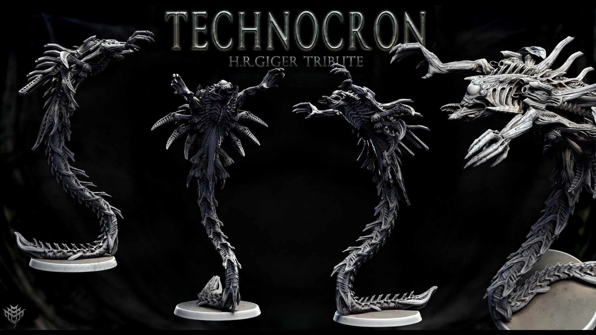 A biomechanical creature in a twisted spiral stance, featuring skeletal and spine-like structures with elongated limbs, inspired by H.R. Giger's style.