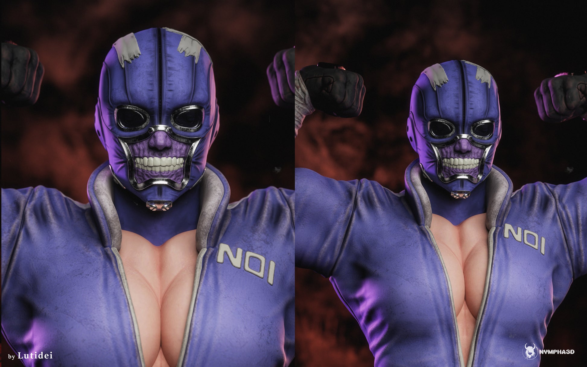 Noi Dorohedoro close up render featuring detailed demon mask purple tracksuit muscular anatomy and anime collectible styling