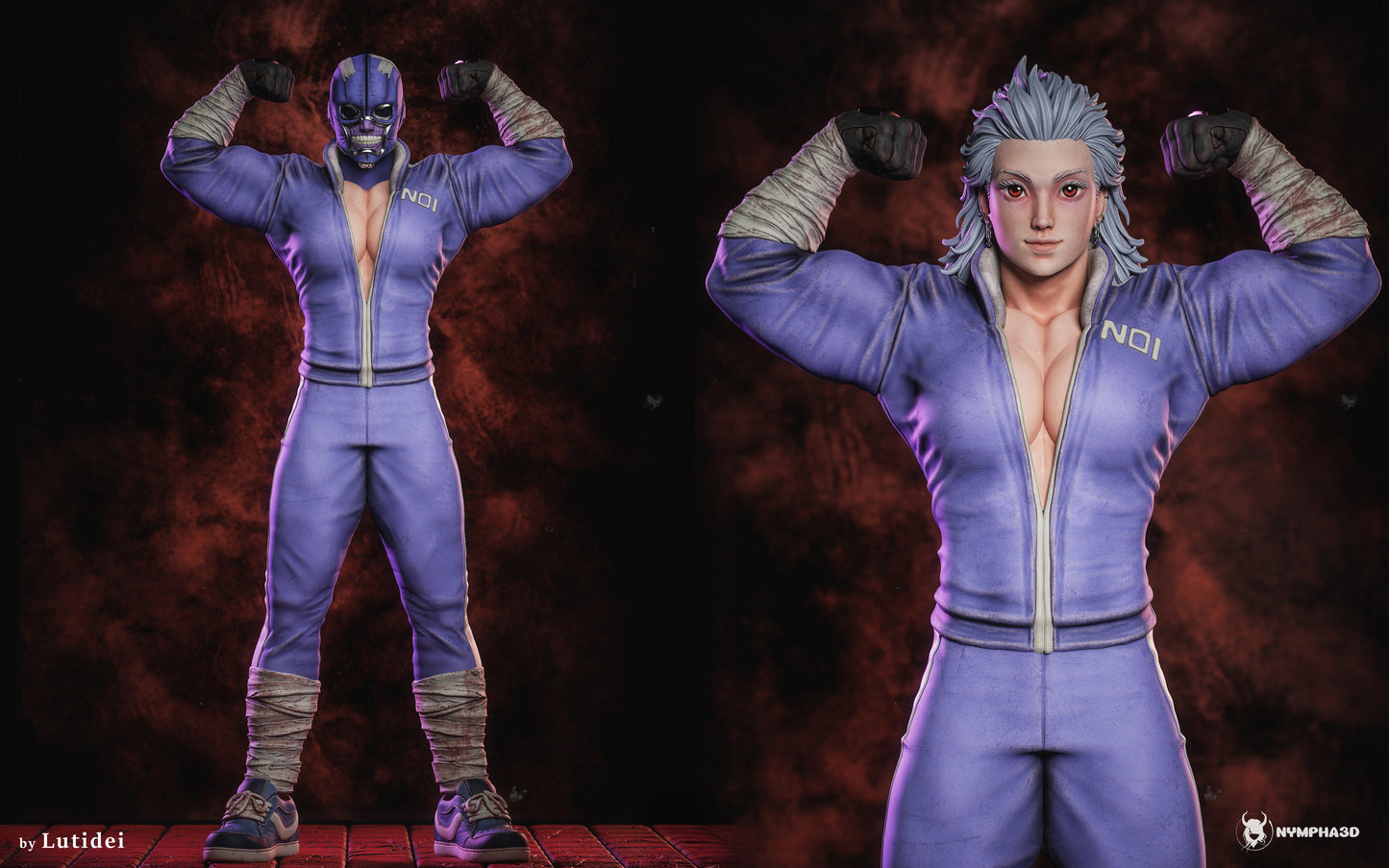 Noi Dorohedoro resin statue with signature mask purple jumpsuit flexing pose and anime horror aesthetic from the manga series