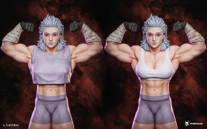 Noi Dorohedoro resin statue sportswear variant with athletic crop top shorts muscular physique and flexing anime pose
