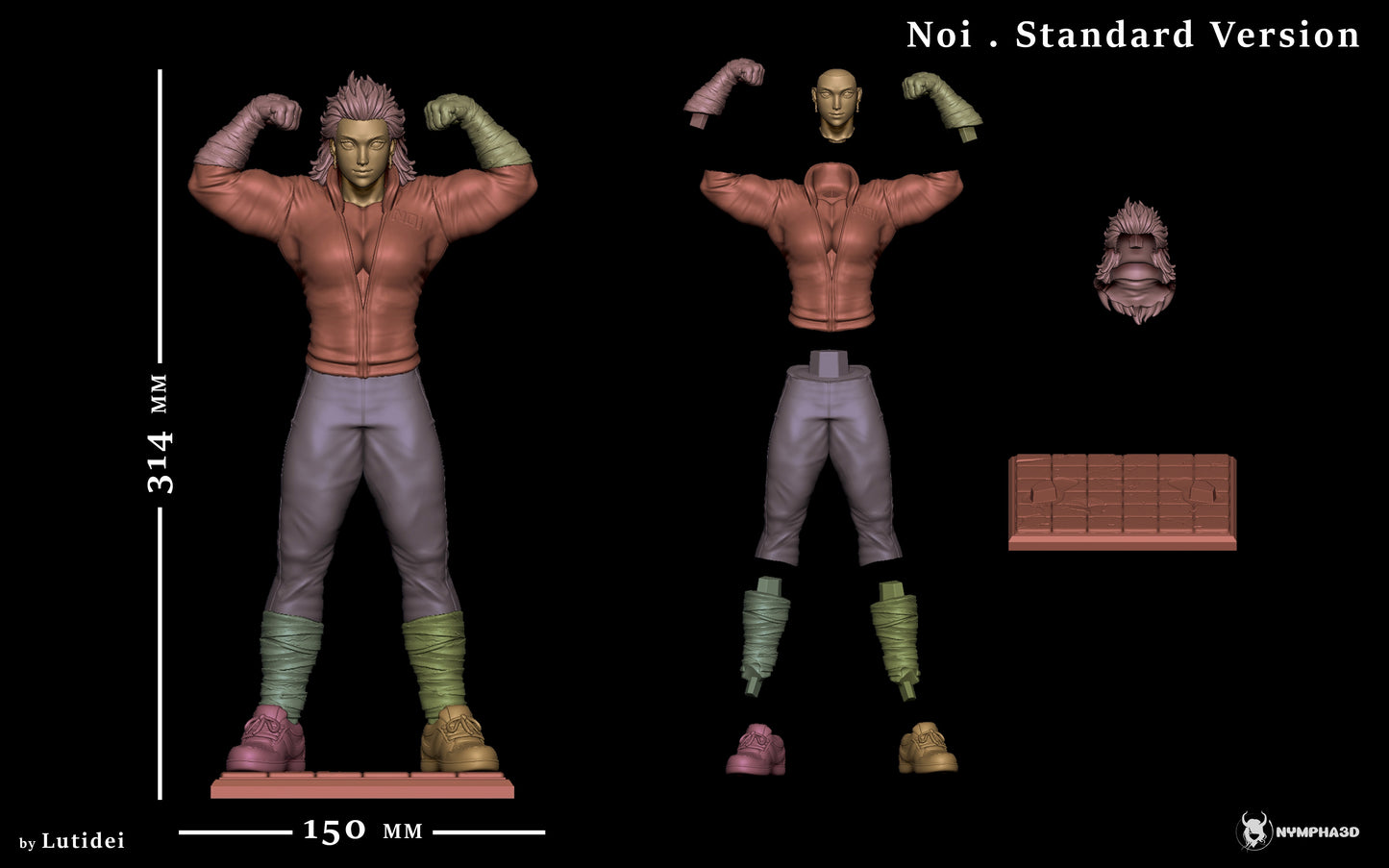Noi standard version exploded parts layout for Dorohedoro resin statue with jacket variant interchangeable parts and anime display base