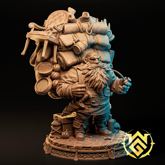 Nuri on Holiday dwarf merchant resin tabletop miniature featuring overloaded travel supplies crates cookware furniture giant backpack pipe smoking pose and detailed fantasy merchant styling for Dungeons and Dragons city encounters