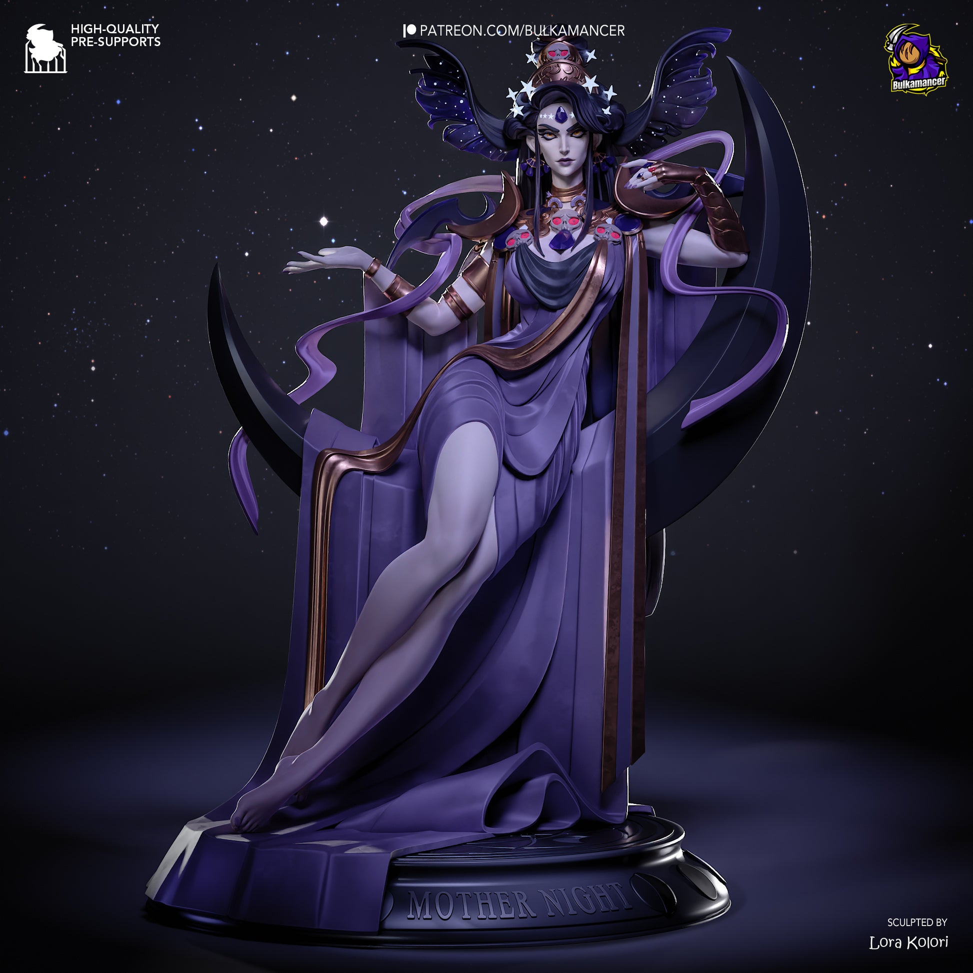 Nyx Hades painted render celestial goddess flowing fabrics crescent moon throne divine night aesthetic 1:8 scale figure