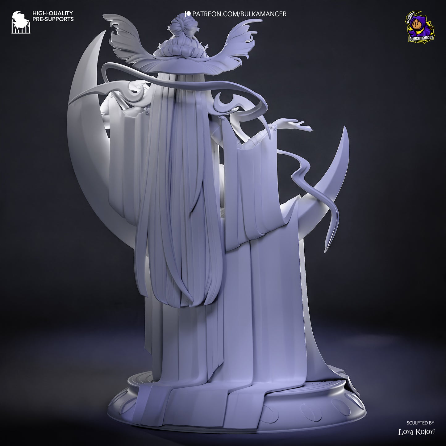 Nyx Hades figure rear view long cascading hair draped robes crescent throne sculpted back details 1:8 scale collectible