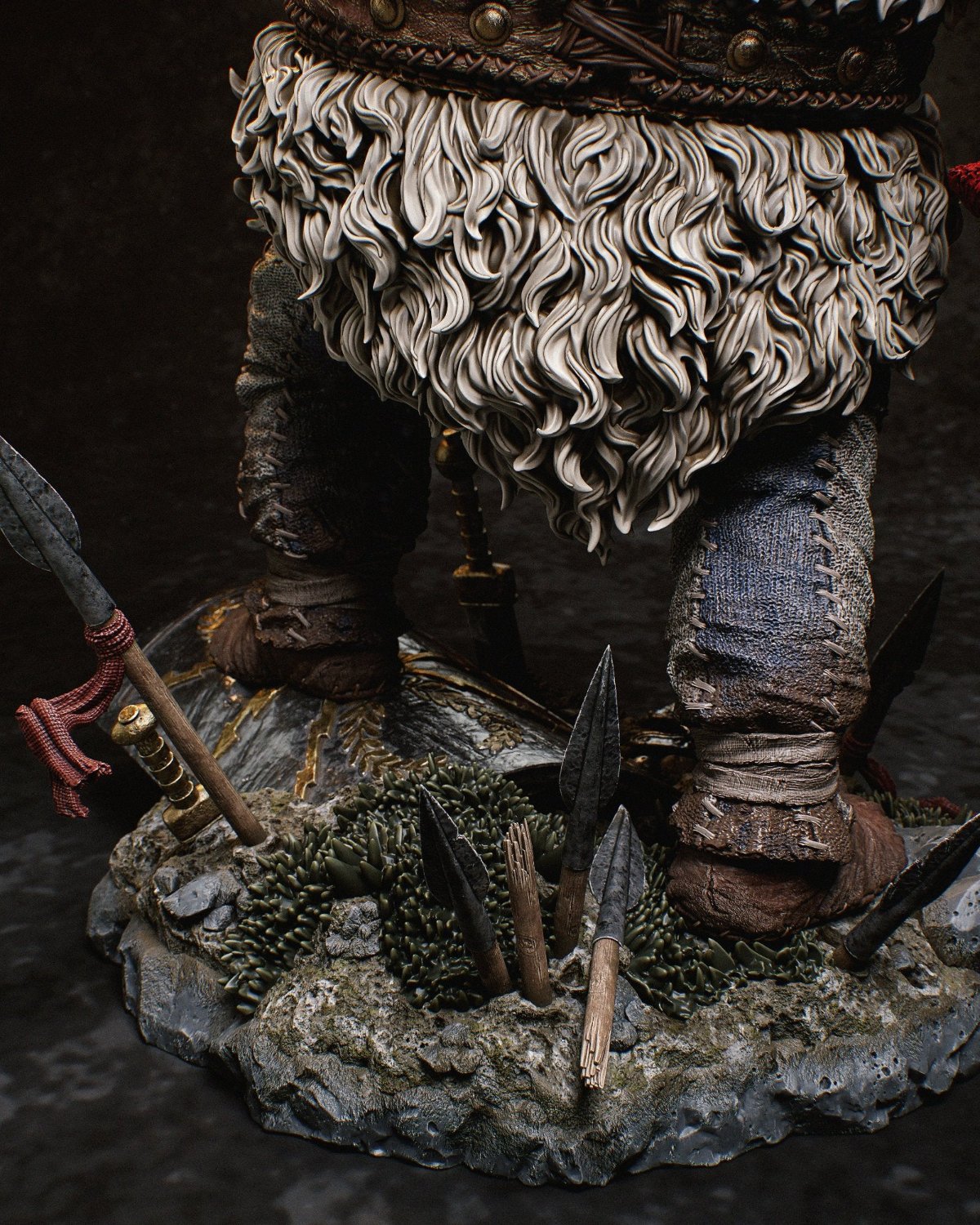 Detailed shot of the base featuring intricate elements like shattered shields, swords, and lush grass beneath Obelix's feet.