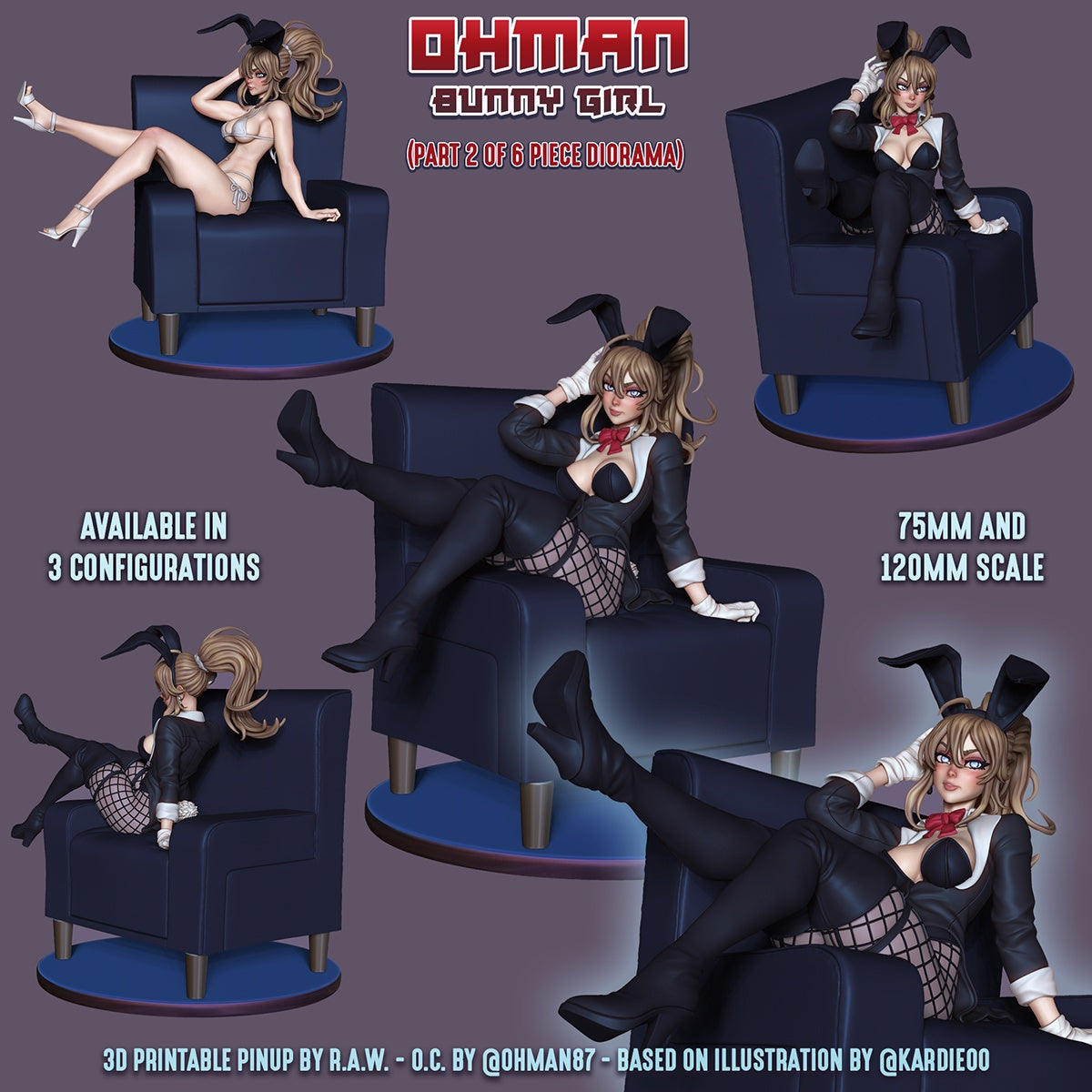 Ohman Bunny Girl bunny suit resin figure seated in chair with fishnet stockings high heels bunny ears and anime pinup aesthetic