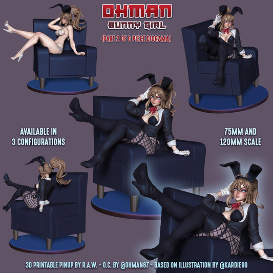Ohman Bunny Girl bunny suit resin figure seated in chair with fishnet stockings high heels bunny ears and anime pinup aesthetic