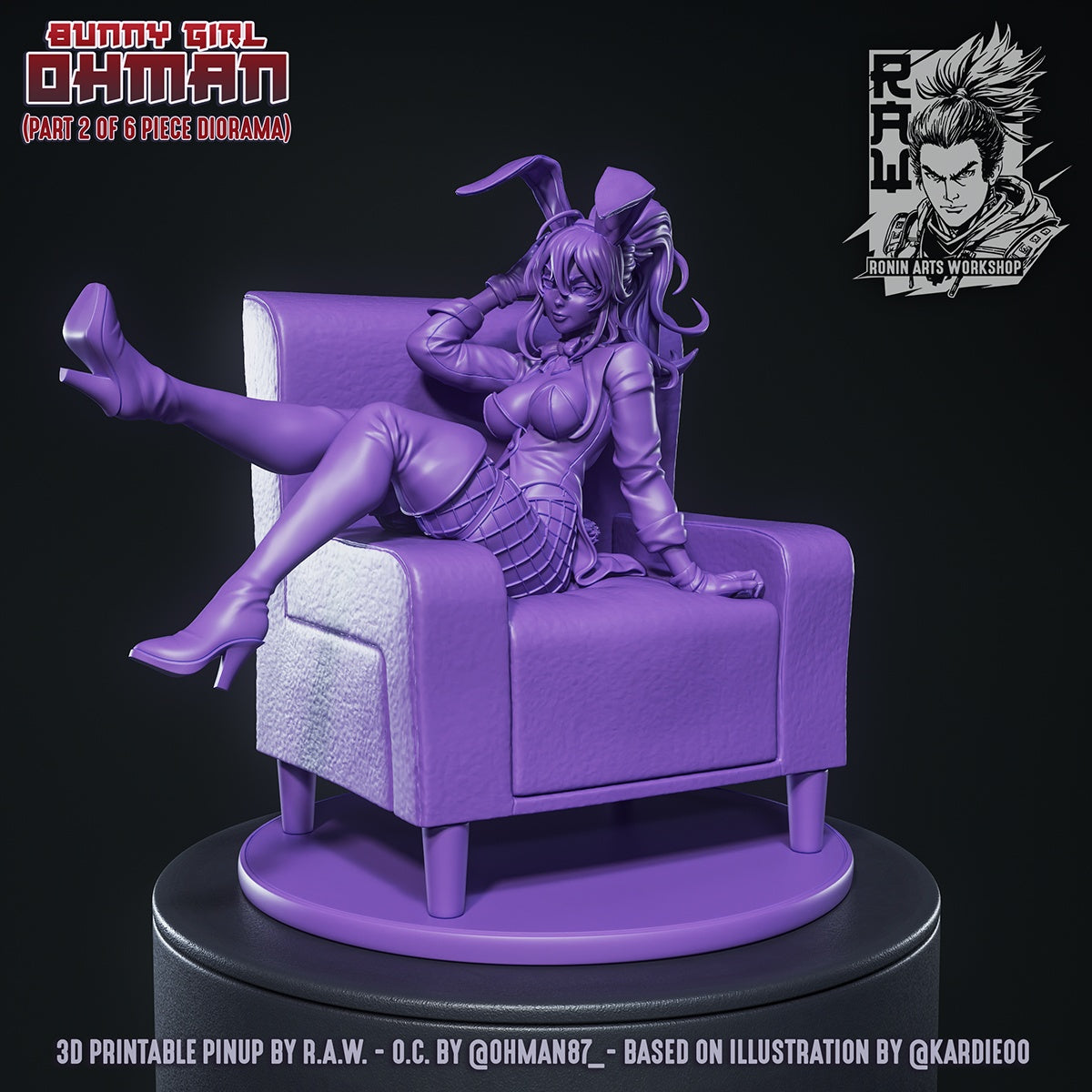 Ohman Bunny Girl gray resin render featuring seated anime bunny girl figure with chair base bunny suit and pinup pose