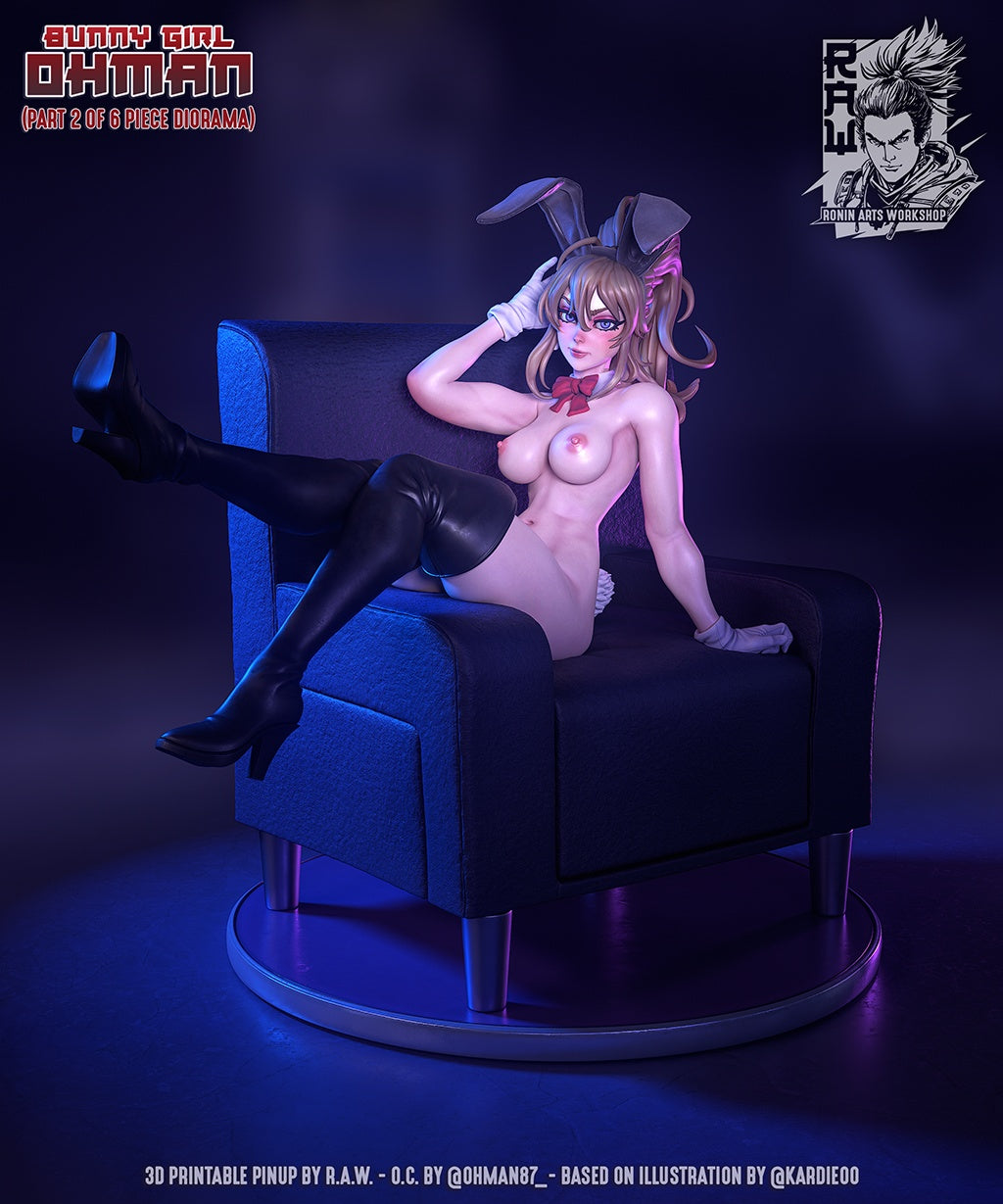 Ohman Bunny Girl NSFW variant resin figure seated in lounge chair with bunny ears thigh high boots and anime pinup styling
