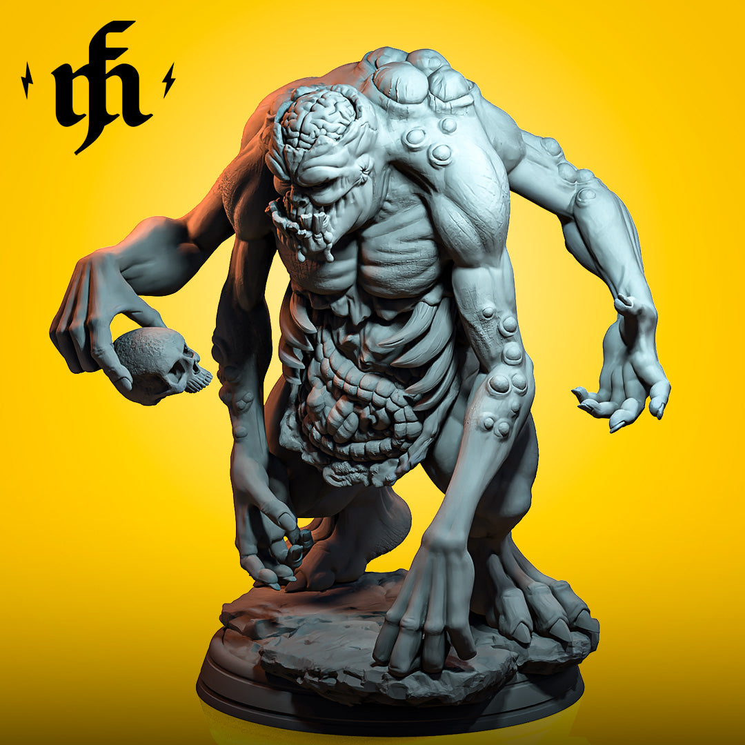 Orgnosh Frightbringer, a grotesque and monstrous creature with exposed muscles and distorted features, holding a skull. The miniature’s twisted form, clawed hands, and menacing posture create a horrifying presence, perfect for a dark fantasy setting.