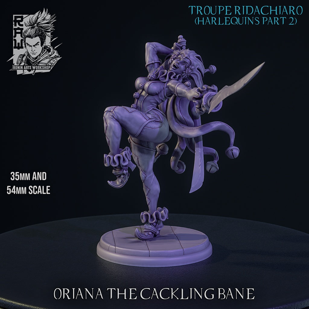 Oriana the Cackling Bane gray render showing female jester rogue resin miniature with dual curved blades bells dynamic pose and dark fantasy carnival aesthetic