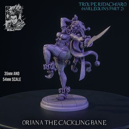 Oriana the Cackling Bane gray render showing female jester rogue resin miniature with dual curved blades bells dynamic pose and dark fantasy carnival aesthetic