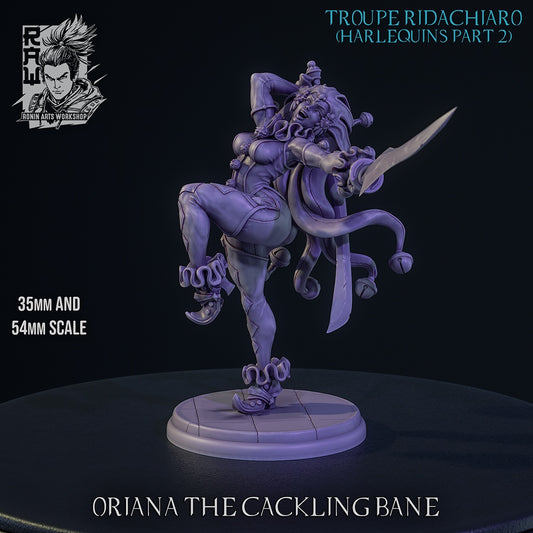 Oriana the Cackling Bane gray render showing female jester rogue resin miniature with dual curved blades bells dynamic pose and dark fantasy carnival aesthetic