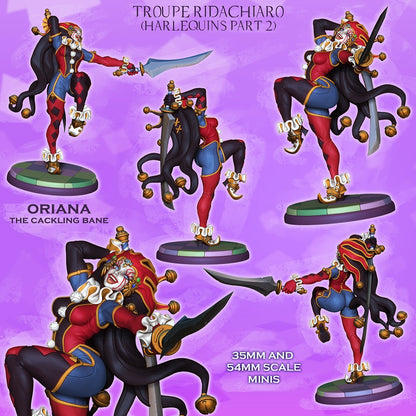 Oriana the Cackling Bane painted collage render featuring female harlequin rogue miniature with curved daggers jester attire theatrical pose and grimdark carnival styling