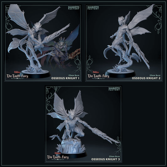Osseous Knights Fateless resin miniature set featuring three elite dark fey warriors with insect wings, organic weapons, and thorn-covered armor.