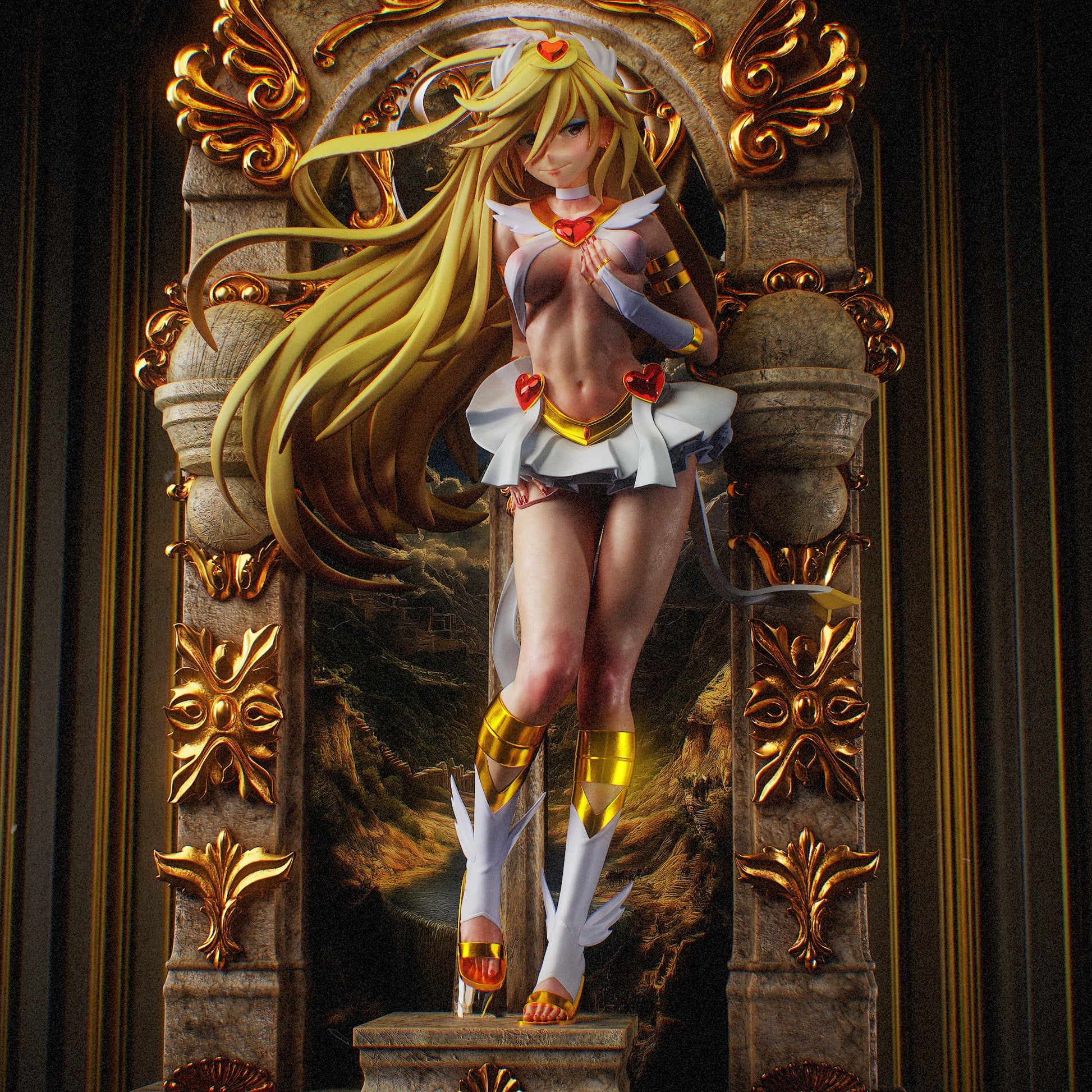 Panty Panty and Stocking with Garterbelt 1:8 scale figure in SFW mode with white skirt and heart-shaped details, posed within a baroque-inspired shrine.