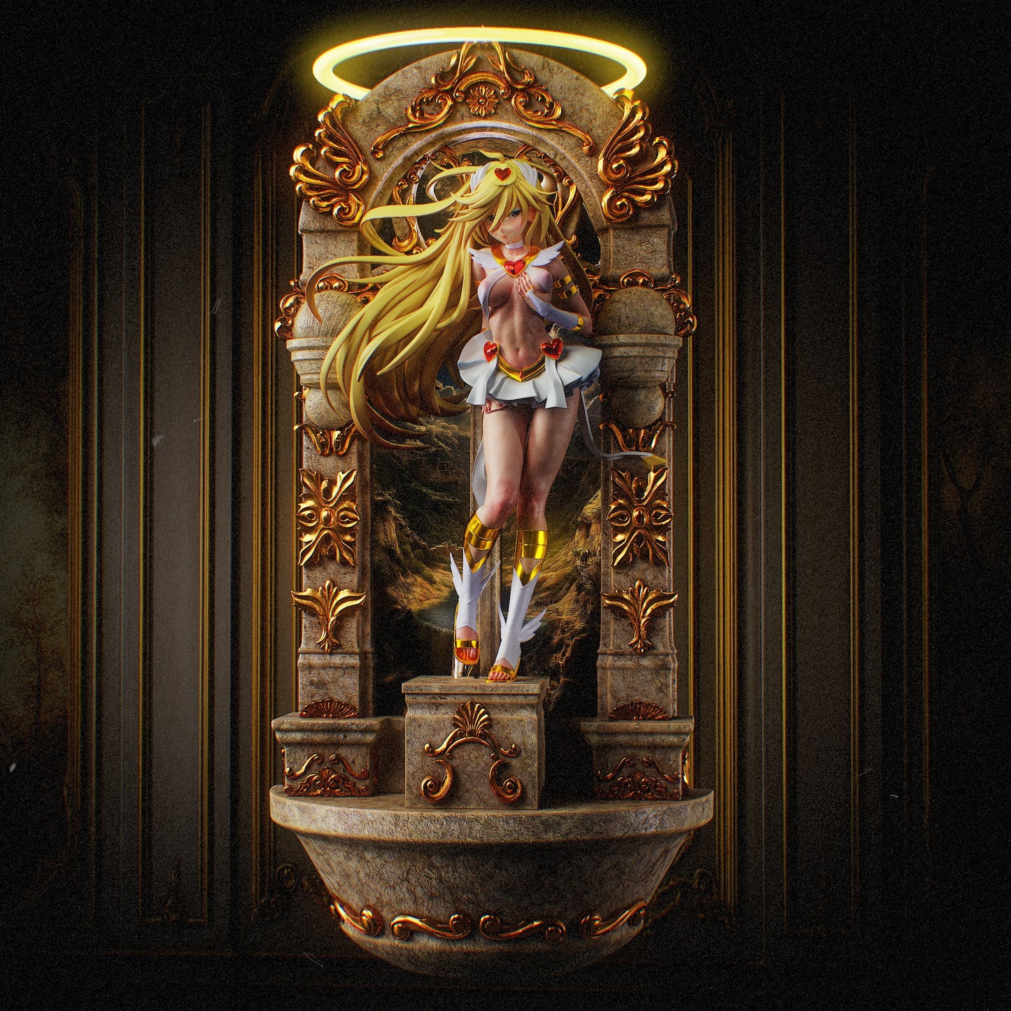 Panty Panty and Stocking with Garterbelt 1:8 scale NSFW collectible figure posed inside ornate golden shrine with flowing hair and gold accessories.