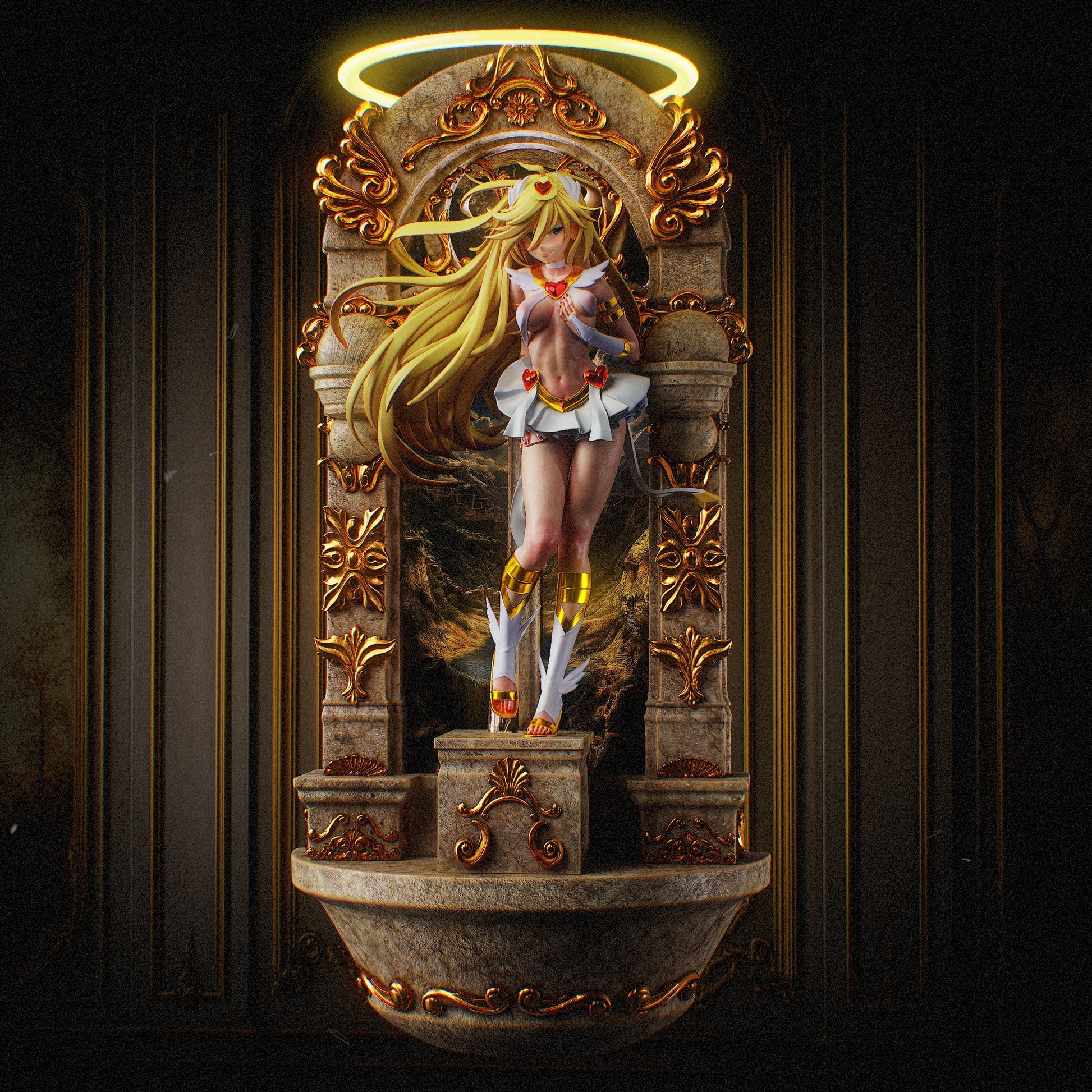 Panty Panty and Stocking with Garterbelt 1:8 scale NSFW collectible figure posed inside ornate golden shrine with flowing hair and gold accessories.