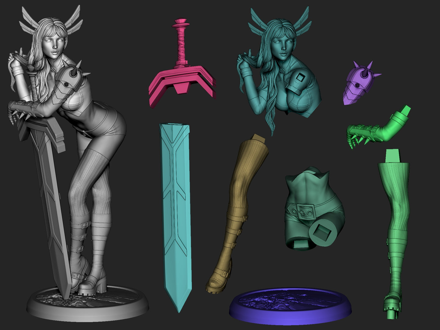 Exploded parts view showing modular components of the Magik figure including head, torso, limbs, sword, shoulder armor, and textured circular base.