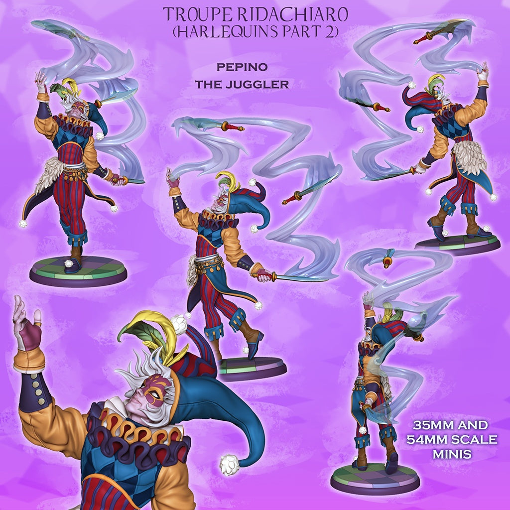 Pepino the Juggler painted collage render showing harlequin rogue miniature with swirling daggers colorful jester outfit theatrical pose and dark fantasy carnival aesthetic