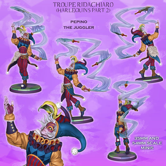 Pepino the Juggler painted collage render showing harlequin rogue miniature with swirling daggers colorful jester outfit theatrical pose and dark fantasy carnival aesthetic