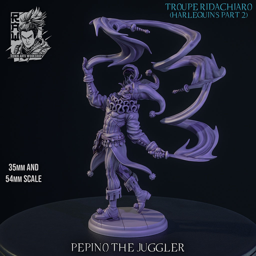 Pepino the Juggler harlequin rogue resin miniature gray render featuring floating spectral blades twisted jester attire dynamic pose curled shoes and grimdark carnival styling