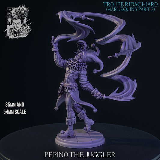 Pepino the Juggler harlequin rogue resin miniature gray render featuring floating spectral blades twisted jester attire dynamic pose curled shoes and grimdark carnival styling