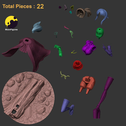 Yukikaze Panettone figure unassembled parts layout showing 22 pieces including multiple hair sections, fox ears, head, torso, arms, legs, outfit layers, ribbon pieces, tail components, and textured forest log-and-rock base.