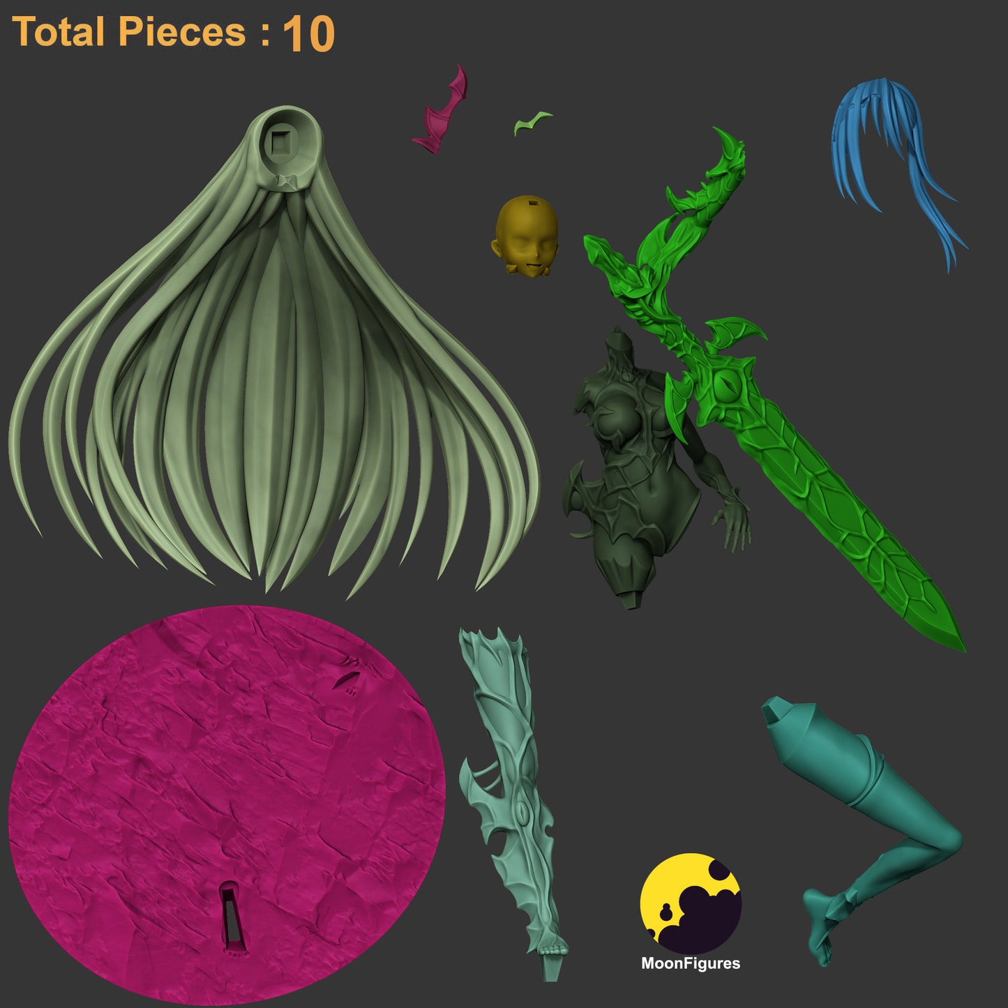 Cursed Sword figure unassembled parts layout showing 10 pieces including long hair, torso, head, armored limbs, organic greatsword, and textured rocky base for Monster Girl Encyclopedia collectible figure.