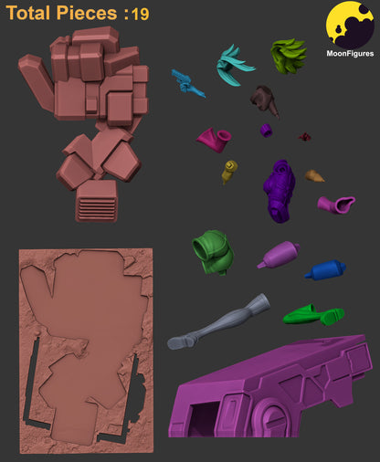 Kallen Kōzuki figure unassembled parts layout showing 19 pieces including hair sections, head, torso, arms, handgun, legs, boots, mechanical rubble base, and structure panel for Code Geass collectible figure.