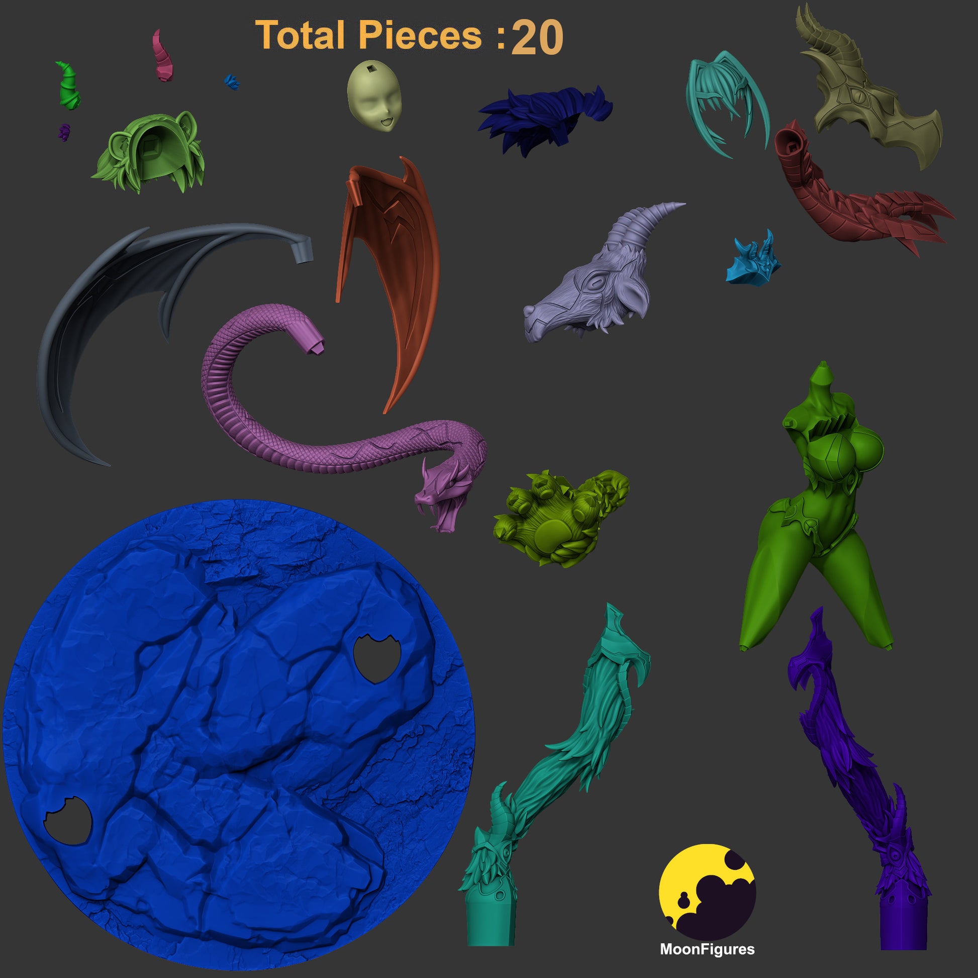 Chimera figure unassembled parts layout showing 20 pieces including wings, torso, head, serpent tail, beast gauntlet arm, armor components, and rocky base for Monster Girl Encyclopedia collectible figure.